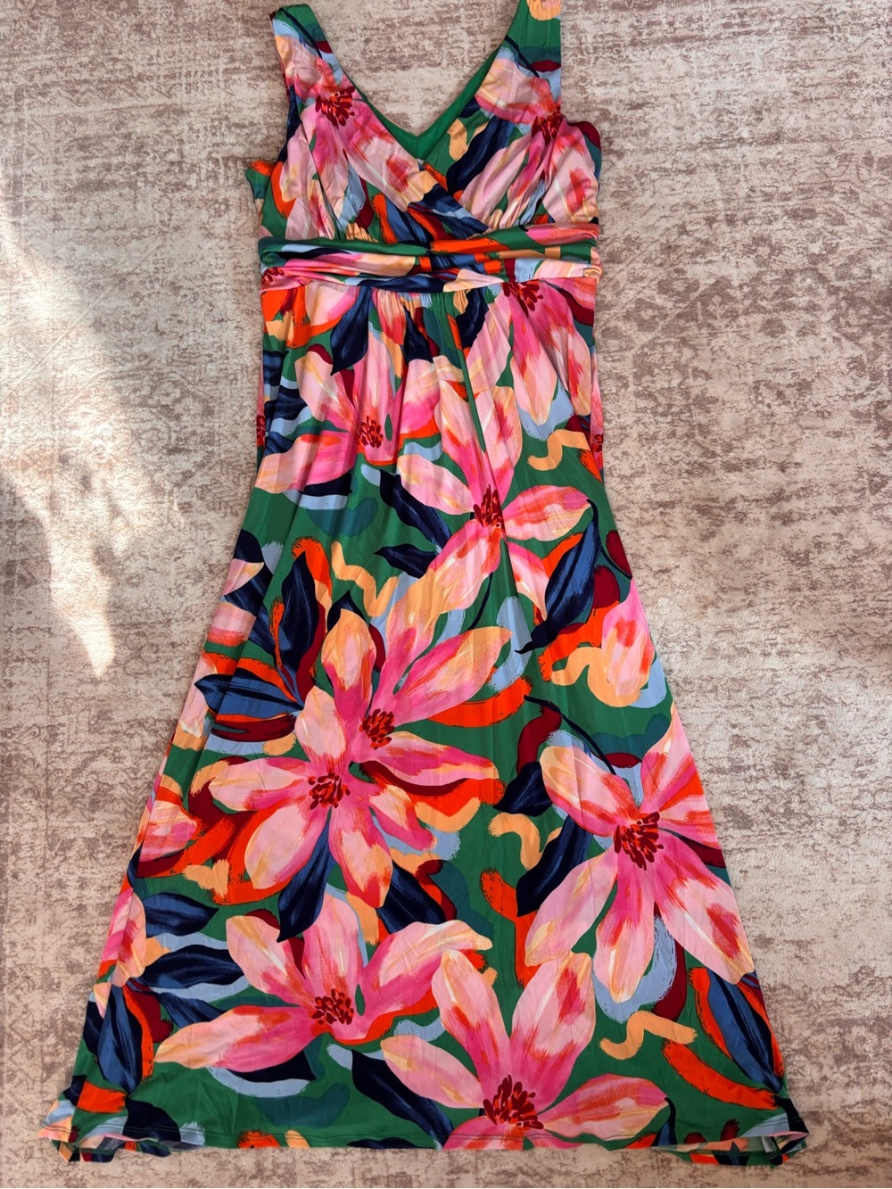 Pappagallo Maxi Dress Colorful Abstract Floral V Neck Sleeveless Tropical Womens